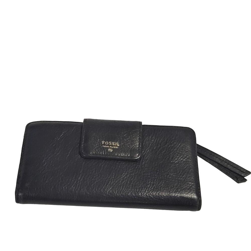 Fossil Wallet Women's Black Leather Wristlet Snap Zipper Solid Vintage